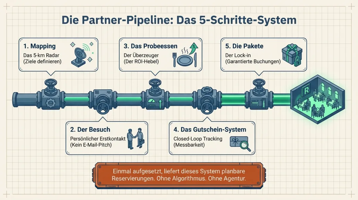 Hotel-Restaurant-Partnerschaft aufbauen: Das 5-Schritte-Pipeline-System für planbare Reservierungen ohne Werbebudget