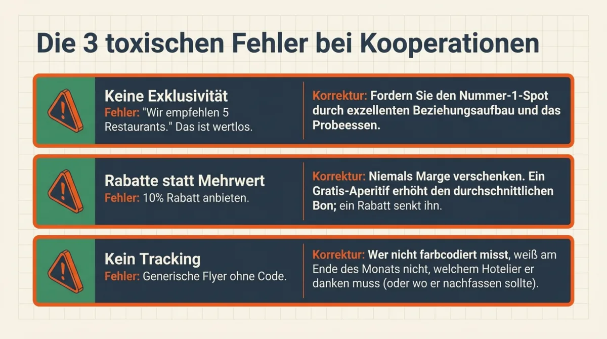 Die 3 häufigsten Fehler bei Restaurant-Hotel-Kooperationen: keine Exklusivität, Rabatte statt Mehrwert, kein Tracking
