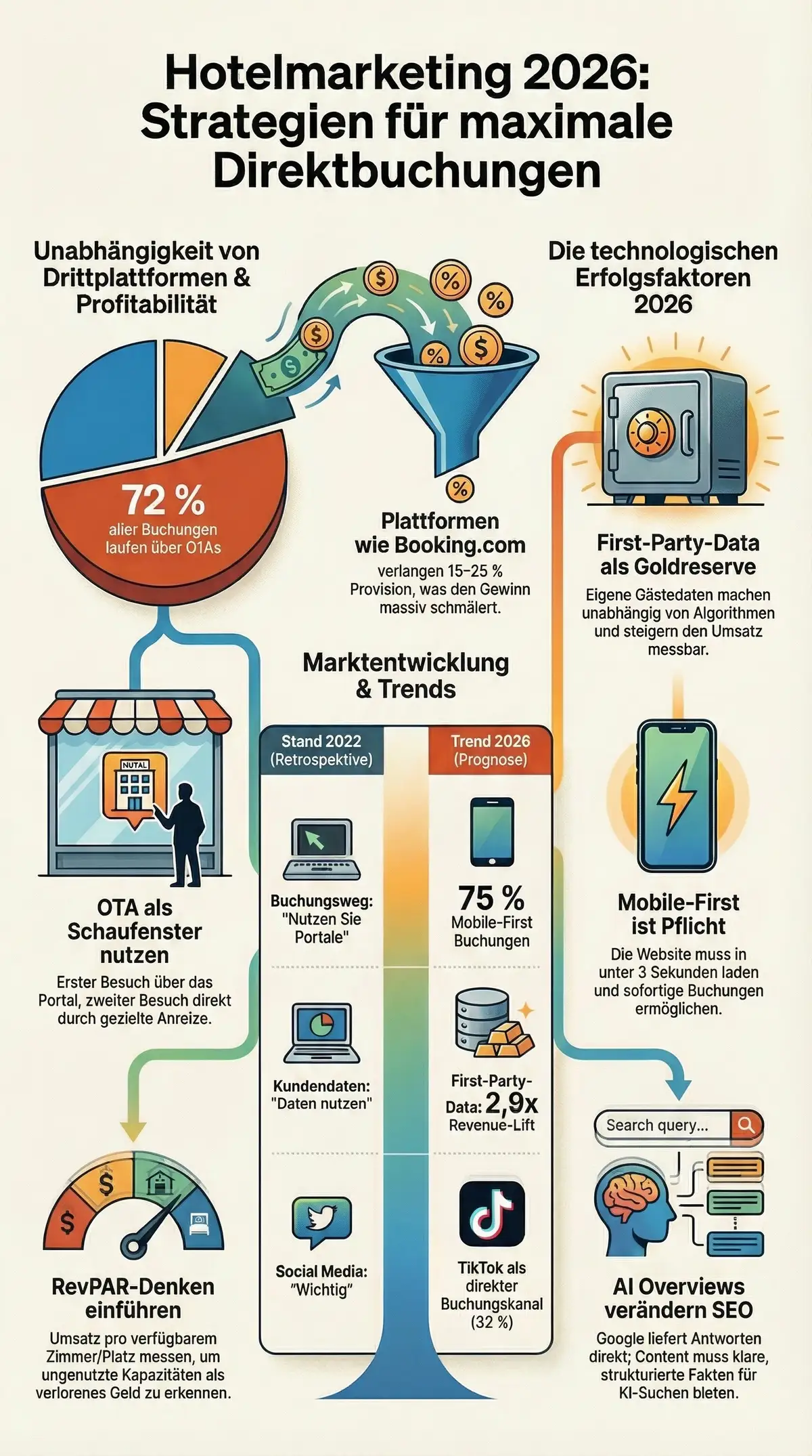 Hotelmarketing 2026 Infografik: Strategien für maximale Direktbuchungen – OTA-Abhängigkeit, First-Party-Data, Mobile-First und RevPAR auf einen Blick