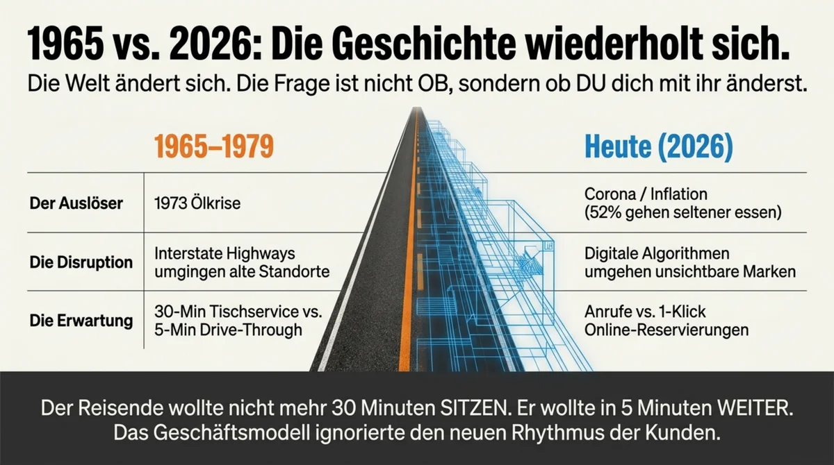 Vergleich 1965 vs. 2026: Ölkrise und Highways damals – Corona und digitale Algorithmen heute