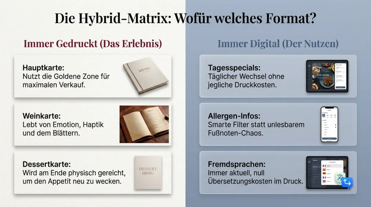 Hybrid-Matrix: Hauptkarte, Weinkarte und Desserts immer gedruckt — Tagesgerichte, Allergene, Saisonales und Mehrsprachigkeit digital