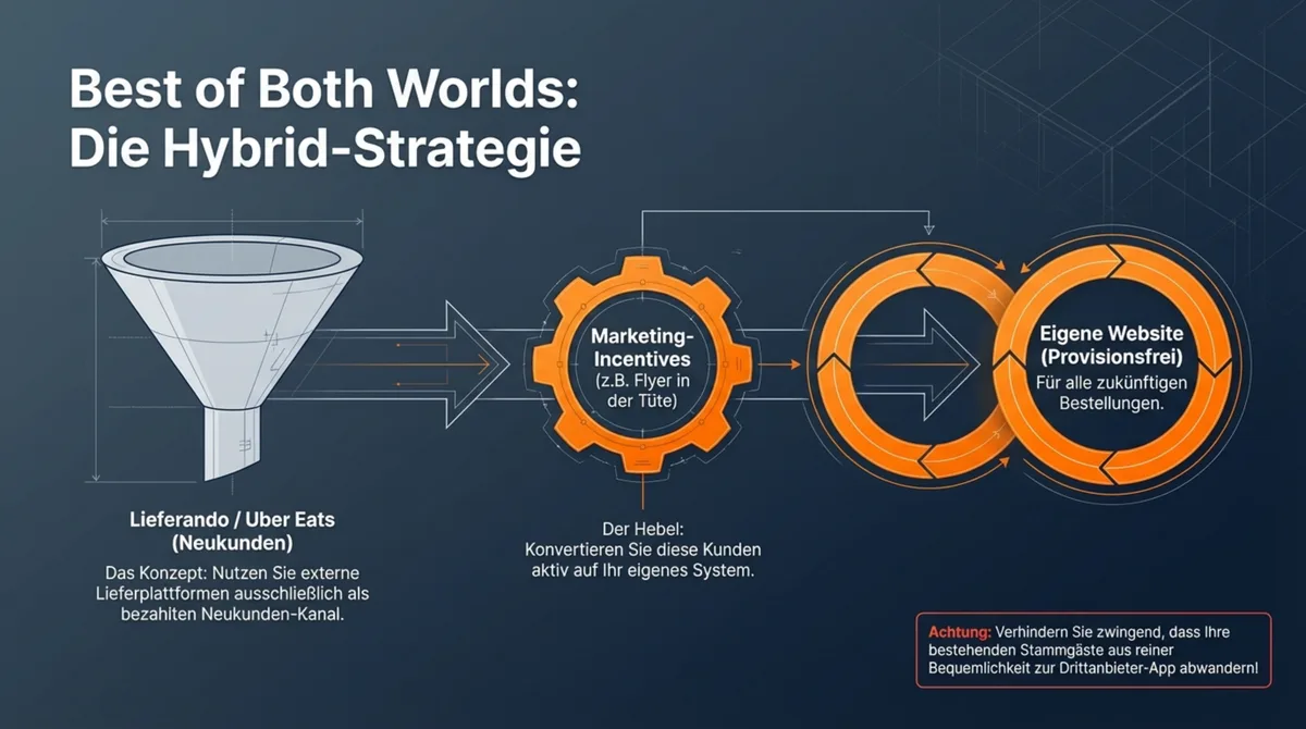 Hybrid-Strategie Lieferservice – Plattform als Neukunden-Kanal, eigene Website provisionsfrei