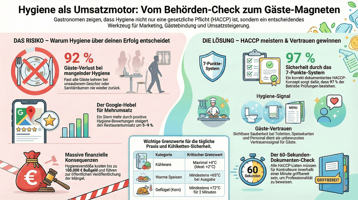 Infografik Hygiene als Umsatzmotor: Vom Behörden-Check zum Gäste-Magneten mit HACCP 7-Punkte-System, 92 Prozent Gäste-Verlust bei mangelnder Hygiene und 60-Sekunden-Dokumenten-Check
