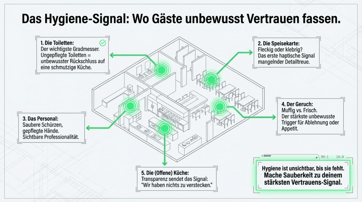 Das Hygiene-Signal: 5 Bereiche wo Gäste unbewusst Vertrauen fassen – Toiletten, Speisekarte, Personal, Geruch und die sichtbare offene Küche