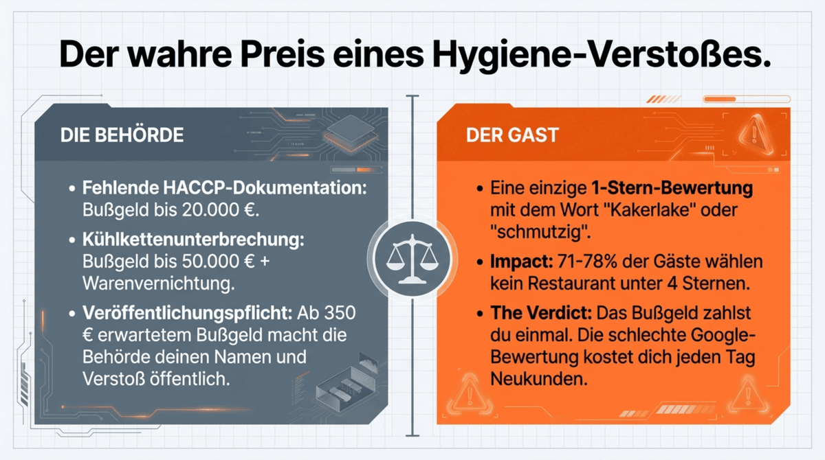 Der wahre Preis eines Hygiene-Verstoßes: Behörde mit Bußgeld bis 50.000 Euro versus Gast mit 1-Stern-Bewertung – 71 bis 78 Prozent der Gäste wählen kein Restaurant unter 4 Sternen