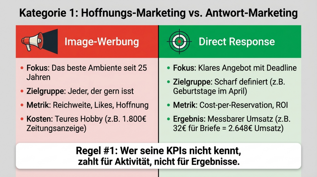 Kategorie 1 Hoffnungs-Marketing vs Antwort-Marketing: Image-Werbung mit Reichweite und Hoffnung versus Direct Response mit klarem Angebot und messbarem ROI