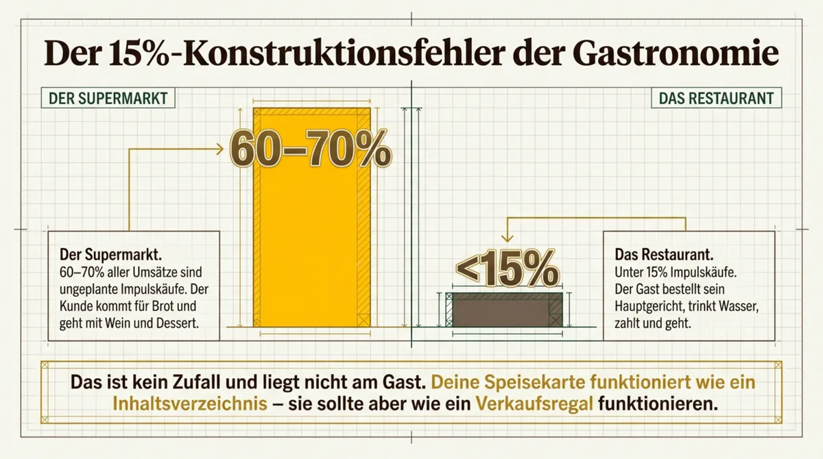 Vergleich Impulskaufquote Supermarkt 60-70 Prozent vs. Restaurant unter 15 Prozent – der Konstruktionsfehler der Gastronomie