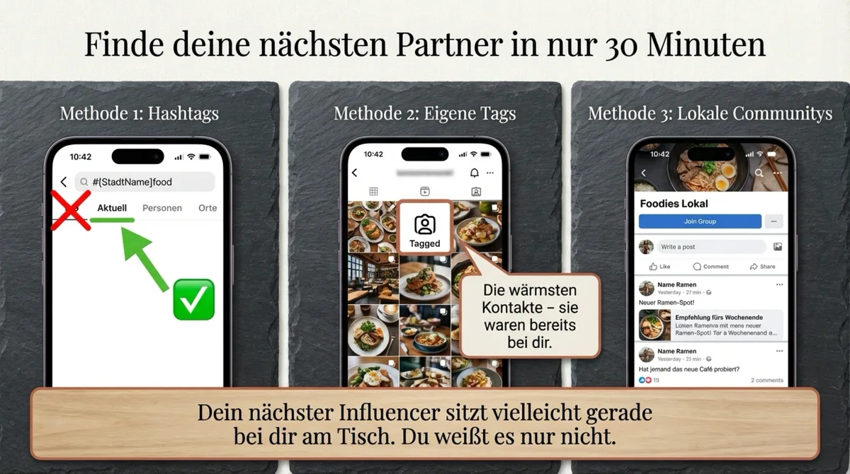 3 Methoden um lokale Micro-Influencer zu finden: Hashtag-Suche, eigene Markierungen prüfen und lokale Food-Communitys durchsuchen