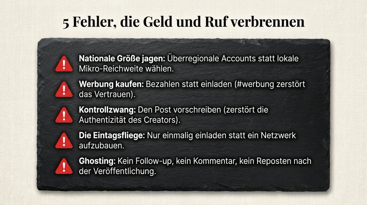 5 Fehler beim Influencer-Marketing: Nationale Größe jagen, Werbung kaufen, Kontrollzwang, Eintagsfliege und Ghosting
