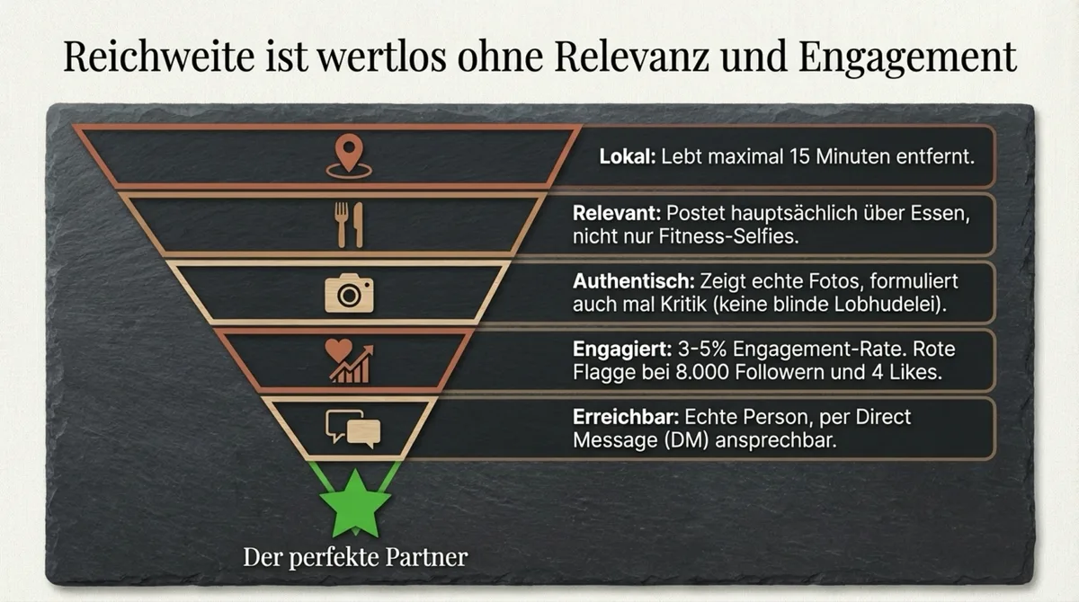 5-Filter Qualitäts-Check für Micro-Influencer: Lokal, Relevant, Authentisch, Engagiert, Erreichbar — als umgekehrte Pyramide dargestellt