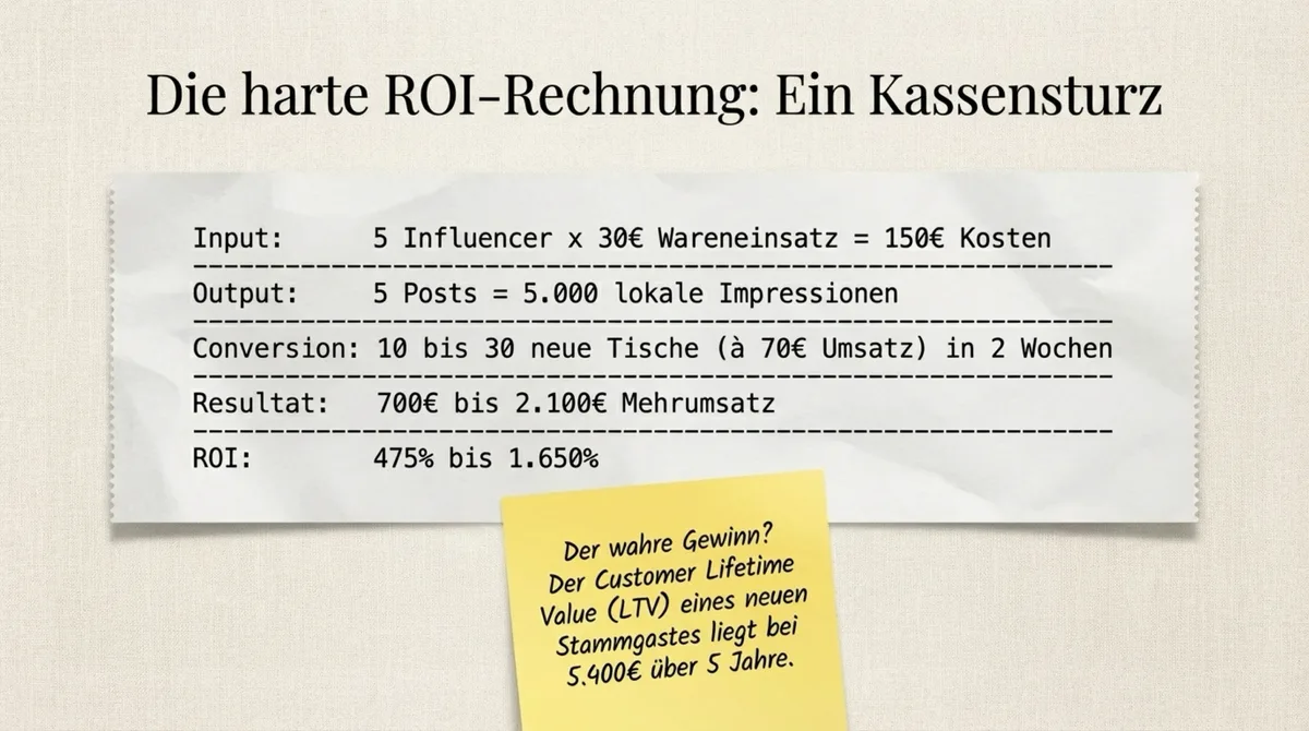 ROI-Rechnung Influencer-Marketing: 5 Influencer mal 30 Euro gleich 150 Euro Kosten, Resultat 700 bis 2.100 Euro Mehrumsatz, ROI 475 bis 1.650 Prozent
