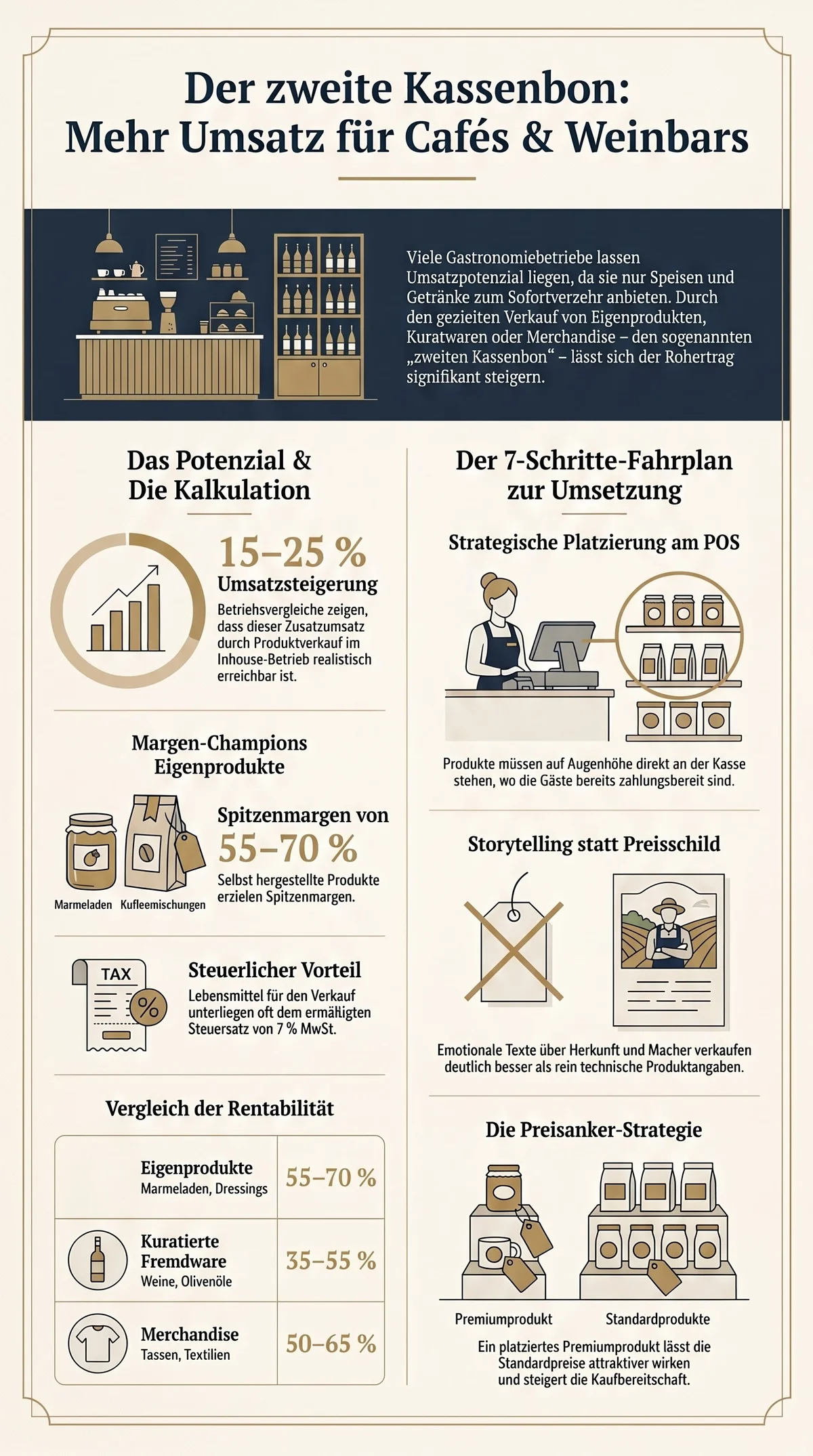 Infografik Übersicht Produktverkauf Café: Umsatzpotenzial 15–25 %, Margen der drei Produktkategorien, 7-Schritte-Fahrplan mit POS-Platzierung, Storytelling, Preisanker