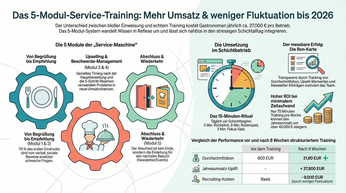 Service-Training Gastronomie Infografik: 5-Modul-System für mehr Umsatz 2026 im Überblick