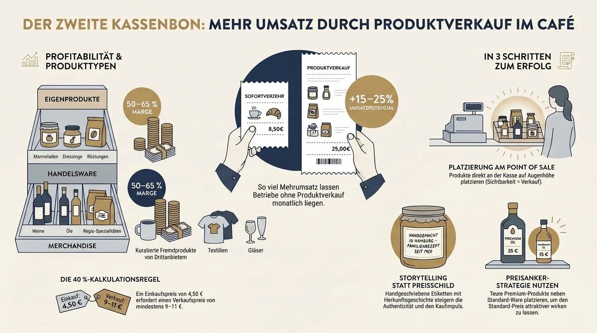 Infografik: Mehr Umsatz durch Produktverkauf im Café – 3 Schritte: POS-Platzierung am Tresen, Storytelling-Etiketten, Preisanker-Strategie