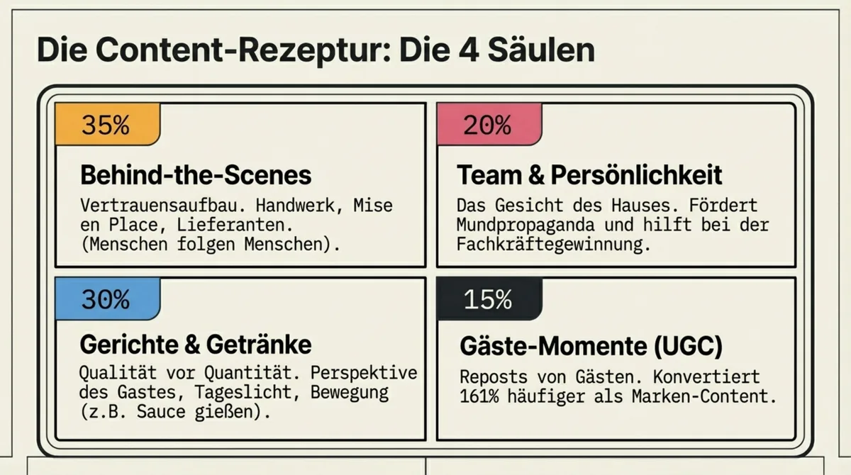Instagram Content-Strategie Restaurant: 4 Säulen Behind-the-Scenes Gerichte Team Gäste