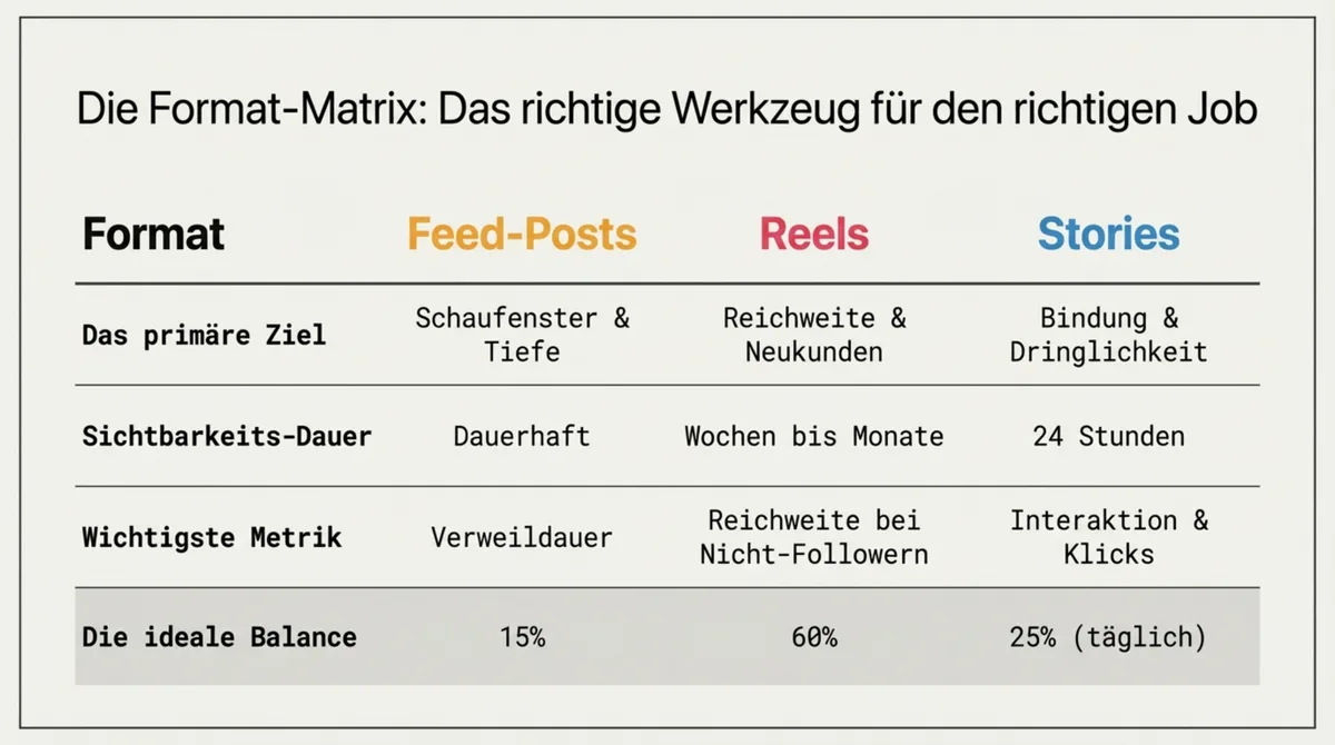 Instagram Reels Stories Feed-Posts Vergleich für Restaurants: Format-Matrix