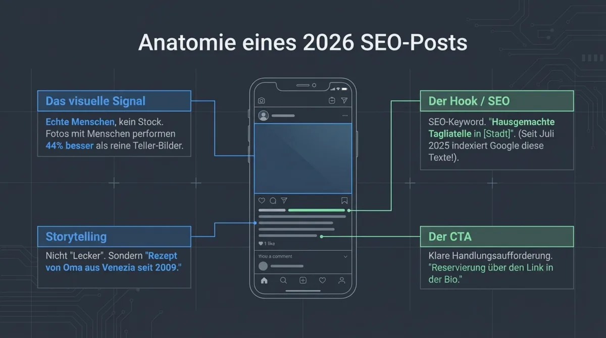 Anatomie eines perfekten Instagram SEO-Posts 2026: Echte Menschen statt Stockfotos, SEO-Keyword mit Stadtname im Hook, Storytelling statt Lecker, und klarer Call-to-Action zur Reservierung