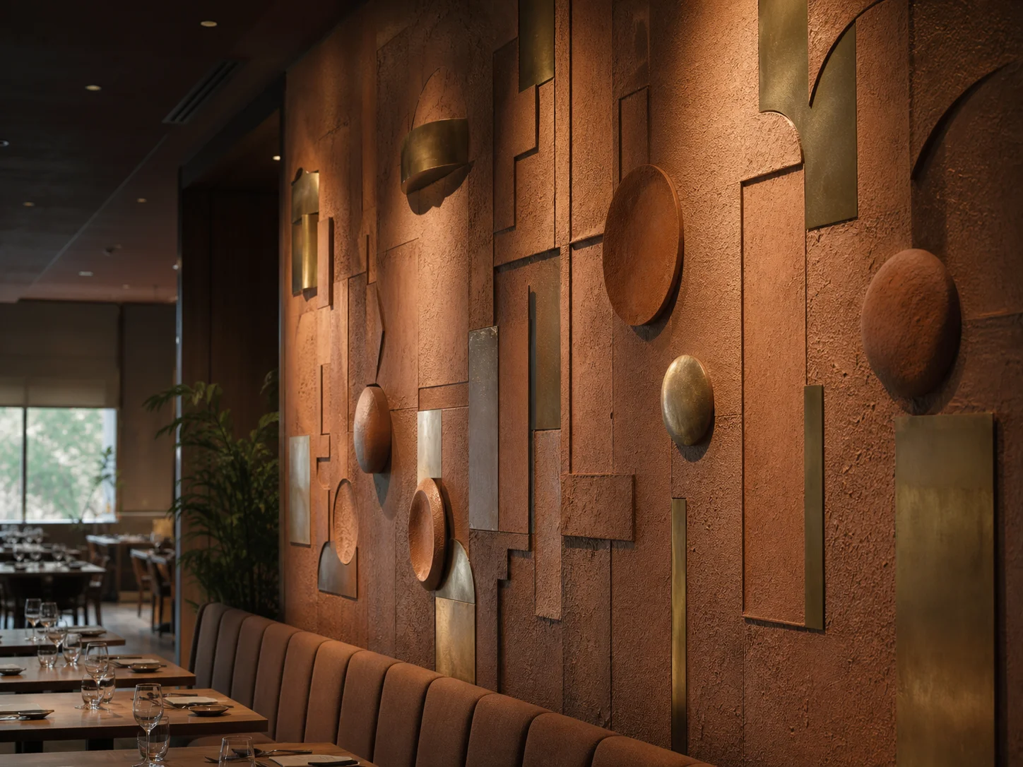 Skulpturale Restaurant-Backdrop-Wand in Terrakotta und gebürstetem Messing, Side-Light-Beleuchtung bei 2700 Kelvin