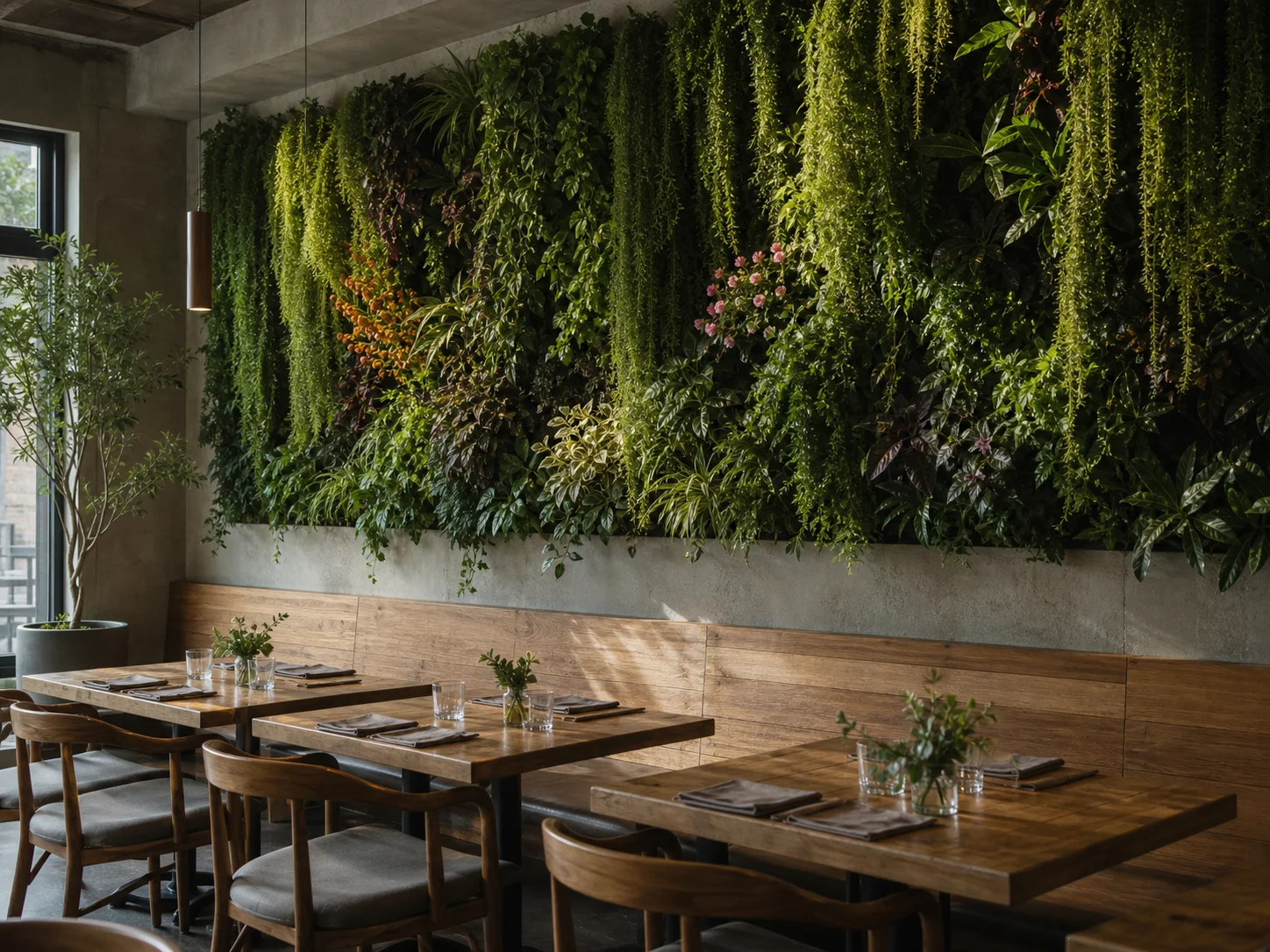 Restaurant-Pflanzenwand mit Kaskaden-Bepflanzung und saisonalem Floral-Akzent vor neutralem Holz-Beton-Hintergrund