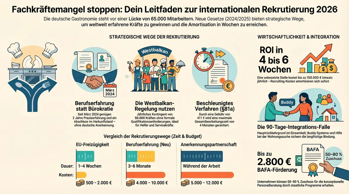 Internationale Rekrutierung Gastronomie: strategische Wege im Vergleich – Westbalkan-Regelung, Berufserfahrung, beschleunigtes Verfahren, BAFA-Förderung bis 2.800 Euro