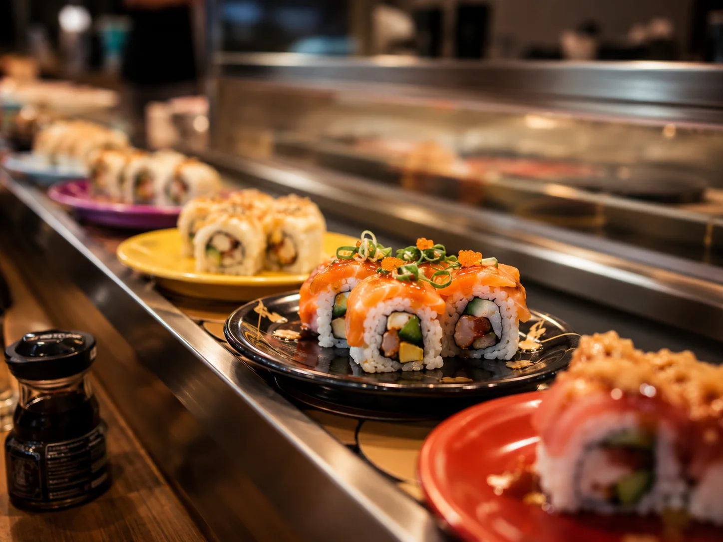 Close-up-Aufnahme von Sushi-Rollen in einem Kühldisplay an der offenen Sushi-Theke, farbige Bento-Tags markieren Preisstufen, Counter-Service-Fokus