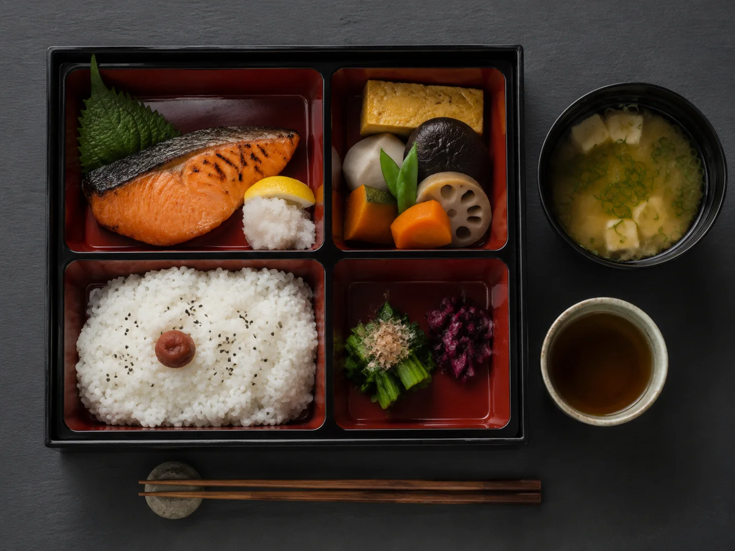 Top-down-Aufnahme einer japanischen Bento-Box mit Reis, Lachs, Gemüse und Miso-Suppe, moderne minimalistische Anrichtung