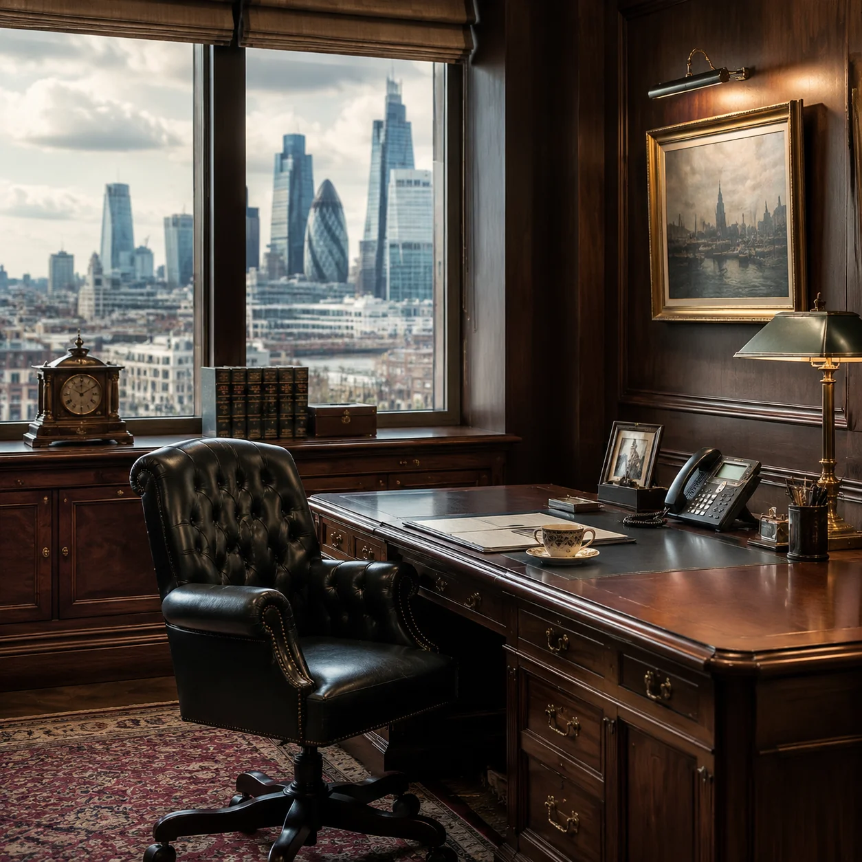 Cinematic-Aufnahme eines holzvertäfelten britischen Executive-Büros mit London-Stadtbild durch die Fenster, professionelle editoriale Ästhetik