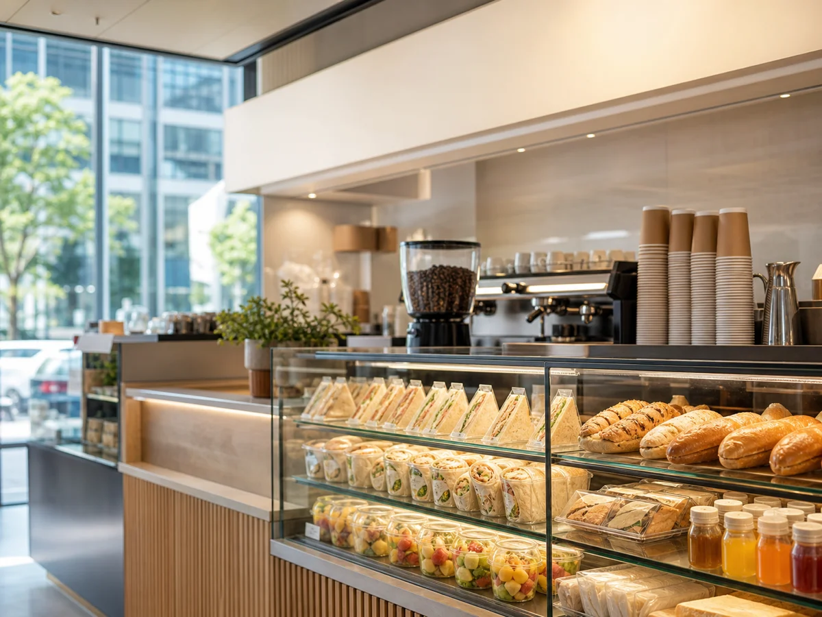 Detailaufnahme einer hellen Pret-A-Manger-Theke mit Sandwiches und Coffee-Cups in Office-District-Atmosphäre