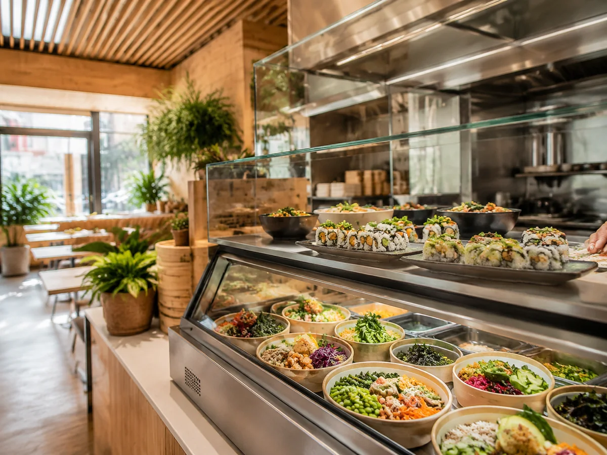 Itsu-Restaurant-Interieur mit offener Sushi-Küche in moderner City-Centre-Premium-Lage mit Holz-Akzenten und Plant-Based-Bowls