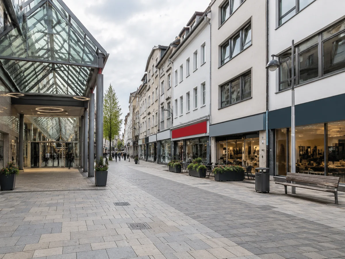 Tagesszene einer typischen deutschen Innenstadt-Fußgängerzone mit Mall-Eingang und parallelen Casual-Fast-Food-Lagen ohne Pret- oder Itsu-Filialen