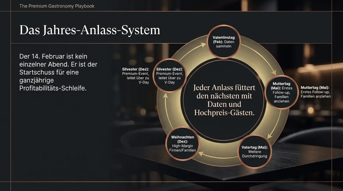 Das Jahres-Anlass-System: Valentinstag, Muttertag, Vatertag, Weihnachten und Silvester als fünf Premium-Abende die sich gegenseitig füttern