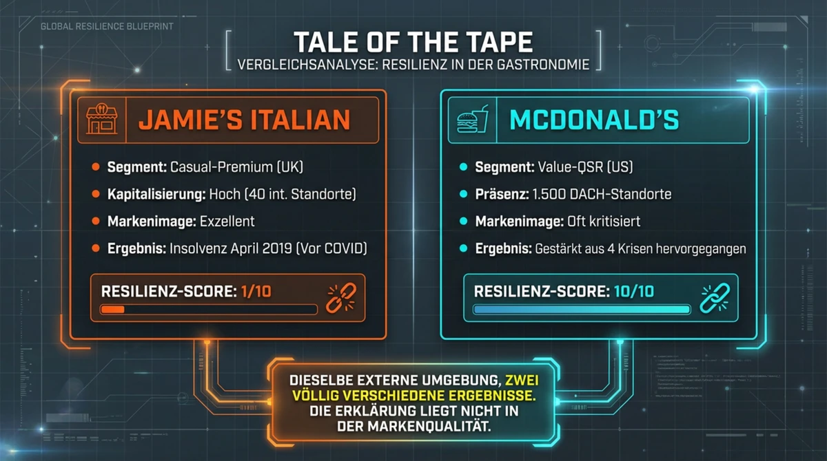 Jamie's Italian (Resilienz-Score 1/10) vs McDonald's (10/10) – Vergleichsanalyse Resilienz in der DACH-Gastronomie