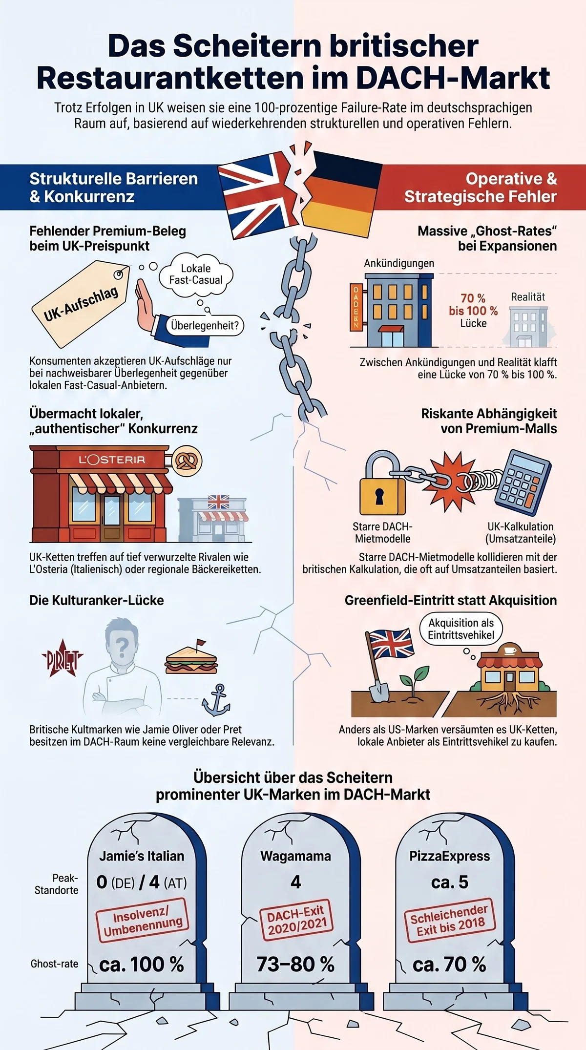Infografik: Das Scheitern britischer Restaurantketten im DACH-Markt – strukturelle Barrieren und operative Fehler von Jamie's Italian, PizzaExpress und Wagamama im Überblick