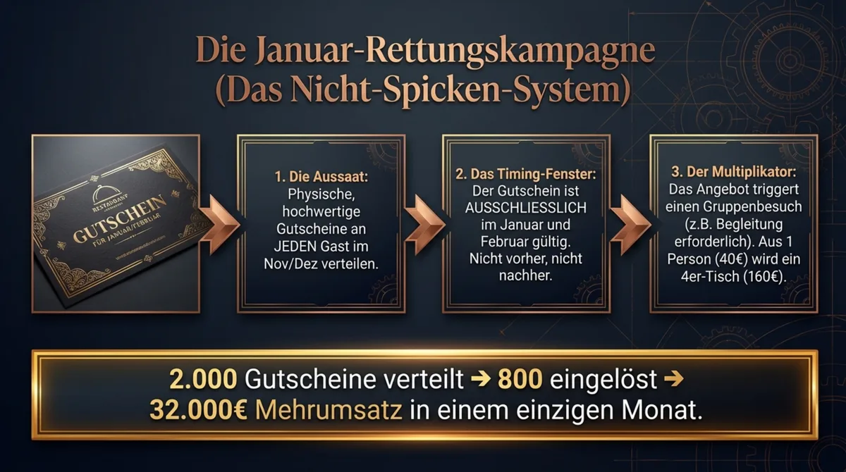 Die Januar-Rettungskampagne mit dem Überraschungs-Umschlag-Gutscheinsystem: 2.000 Gutscheine verteilt, 800 eingelöst, 32.000 Euro Mehrumsatz in einem Monat
