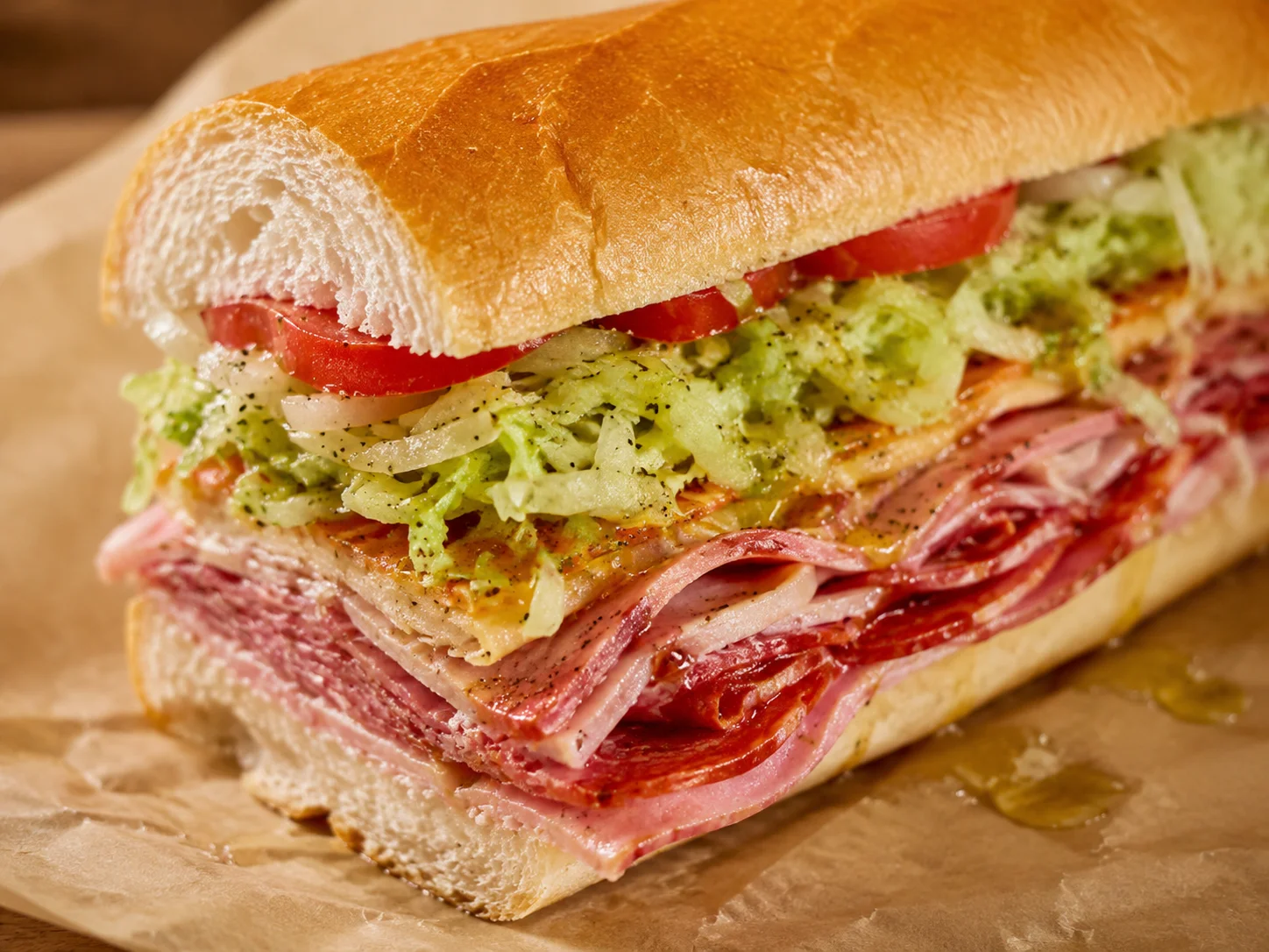 Close-up-Aufnahme eines frisch geschnittenen Submarine-Sandwiches mit geschichtetem italienischem Aufschnitt, Salat, Tomate, Öl-Essig-Dressing auf Butcher-Paper