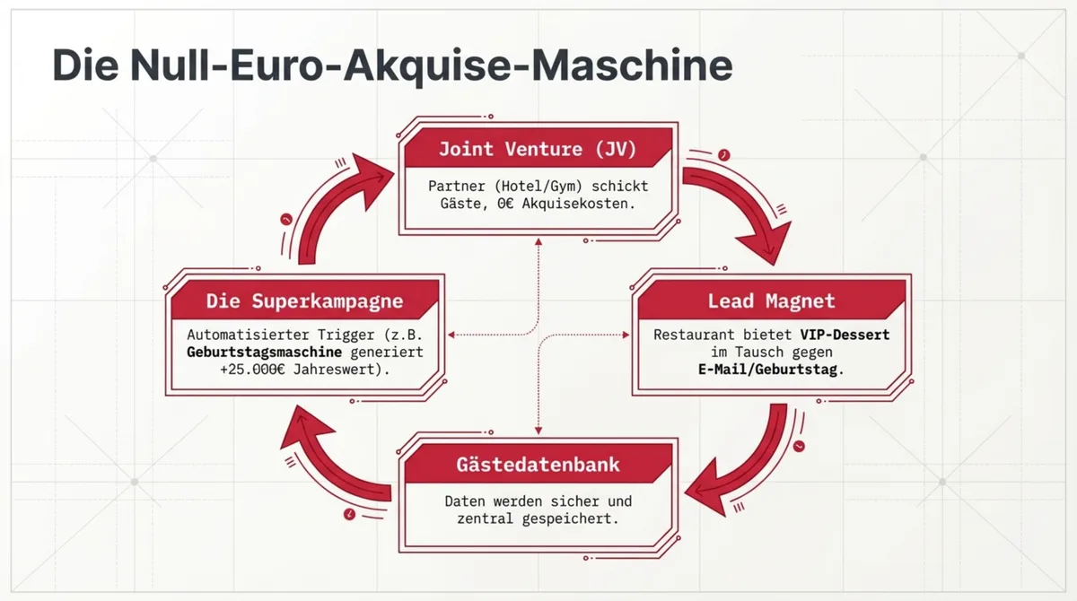 Joint Venture Lead Magnet Superkampagne Restaurant: Die Null-Euro-Akquise-Maschine als Kreislauf-Diagramm