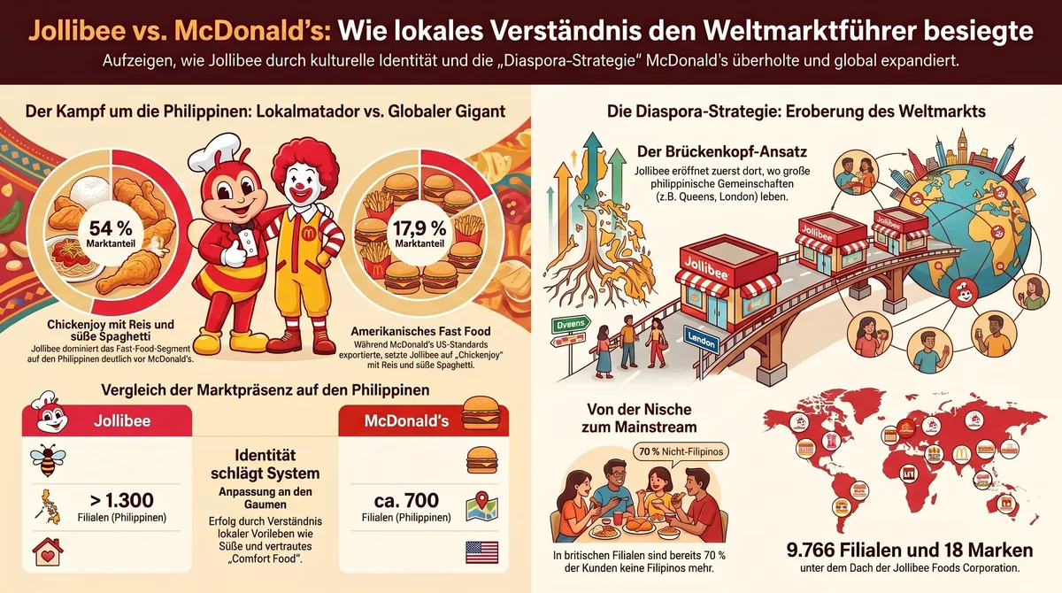 Jollibee vs McDonald's Infografik: Diaspora-Strategie, Marktanteile Philippinen und globale Expansion im Überblick