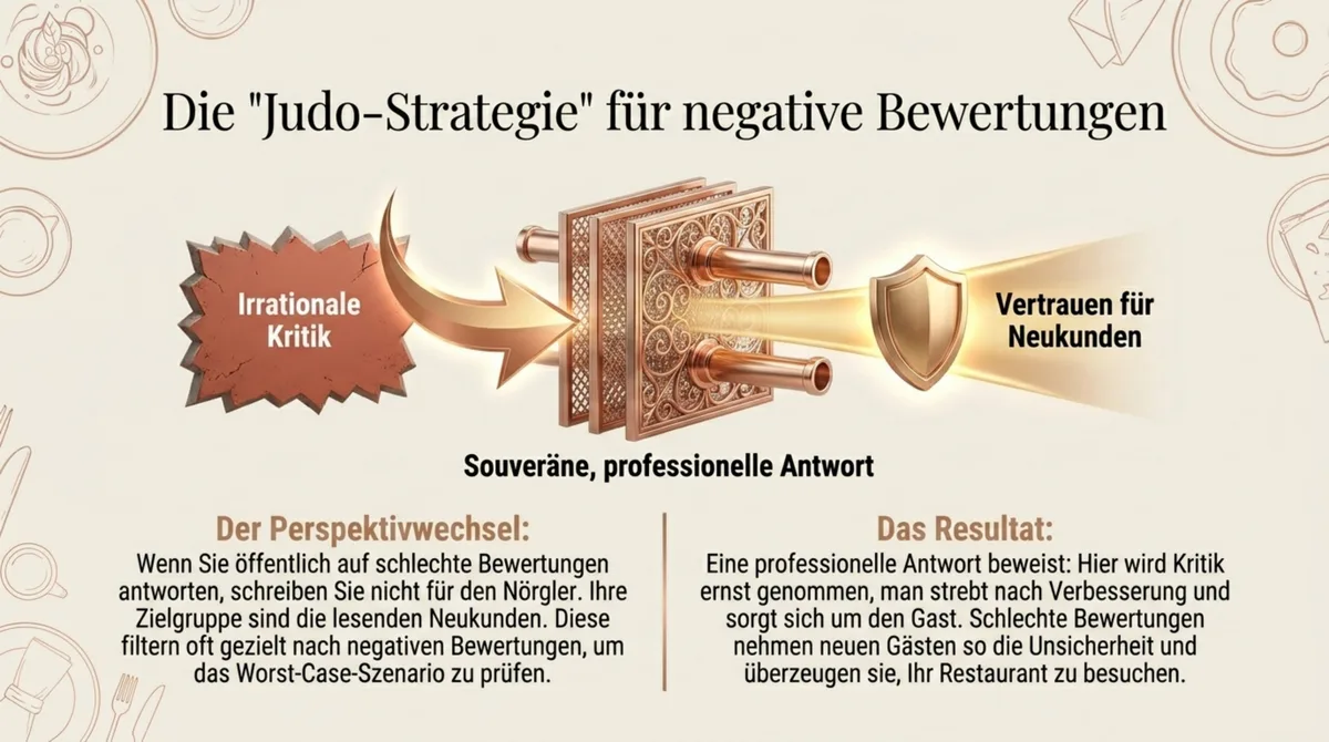 Judo-Strategie für negative Restaurant-Bewertungen: Irrationale Kritik wird durch eine souveräne professionelle Antwort in Vertrauen für Neukunden umgewandelt – die Antwort richtet sich an die lesenden Neukunden