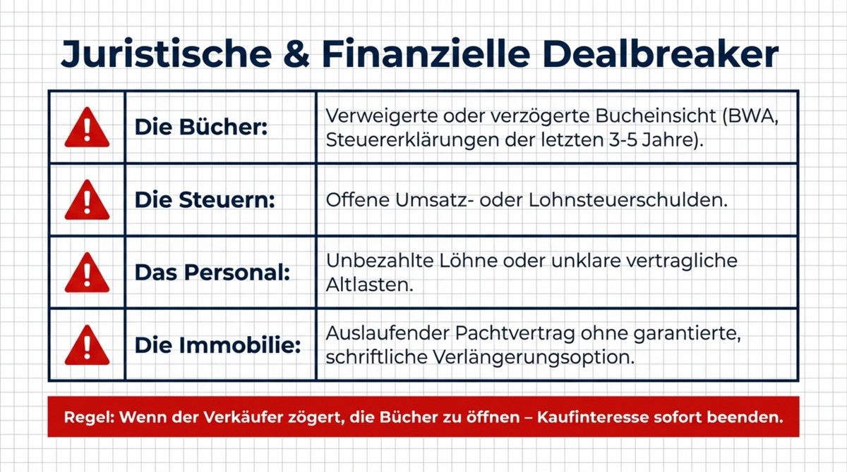 Juristische und finanzielle Dealbreaker: Verweigerte Bucheinsicht, offene Steuerschulden, unbezahlte Löhne und auslaufender Pachtvertrag