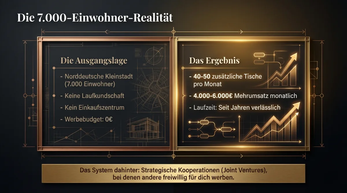 Die 7.000-Einwohner-Realität: 0€ Werbebudget, 40-50 zusätzliche Tische monatlich durch Restaurant-Kooperationen