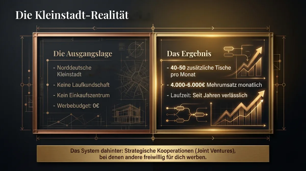 Die Kleinstadt-Realität: 0€ Werbebudget, 40-50 zusätzliche Tische monatlich durch Restaurant-Kooperationen