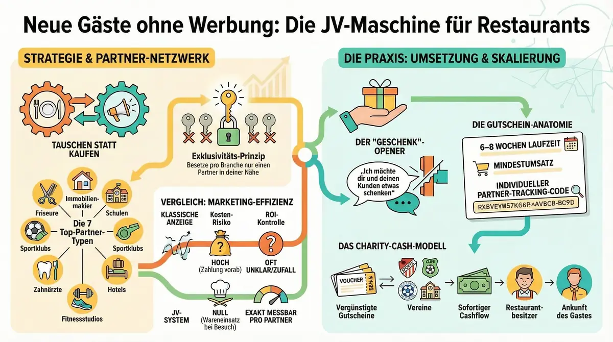 JV-Maschine Restaurant Infografik: Strategie-Partner-Netzwerk und Umsetzungs-System im Überblick