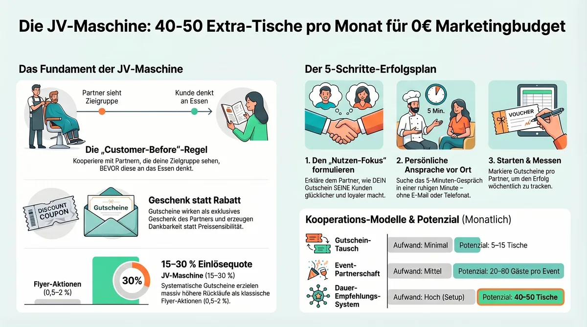 JV-Maschine Kooperationsmodelle: Gutschein-Tausch, Event-Partnerschaft und Dauer-Empfehlungs-System für Restaurants