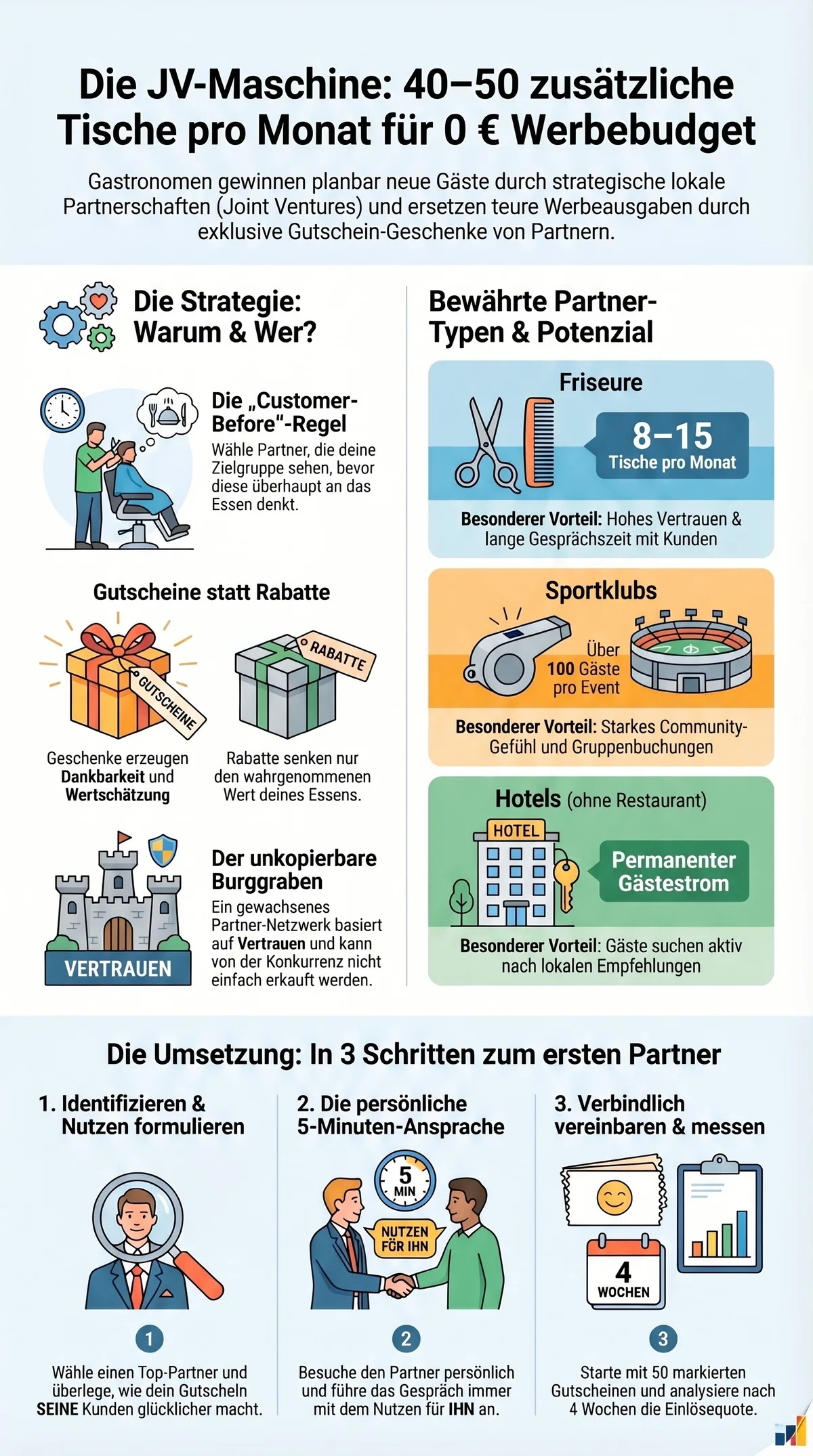 JV-Maschine Infografik: Strategie, bewährte Partner-Typen und 3-Schritte-Umsetzungsplan für Restaurant-Kooperationen