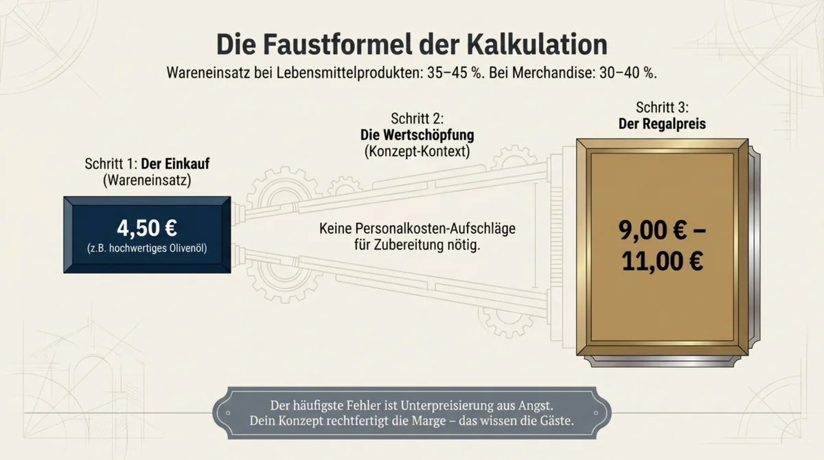 Kalkulations-Faustformel Café: Einkaufspreis 4,50 € ergibt bei max. 45 % Wareneinsatz einen Regalpreis von 9–11 €