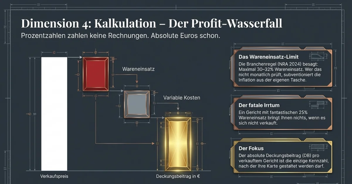 Der Profit-Wasserfall: Vom Verkaufspreis über Wareneinsatz und variable Kosten zum Deckungsbeitrag — der absolute Euro-Betrag zählt, nicht die Prozente
