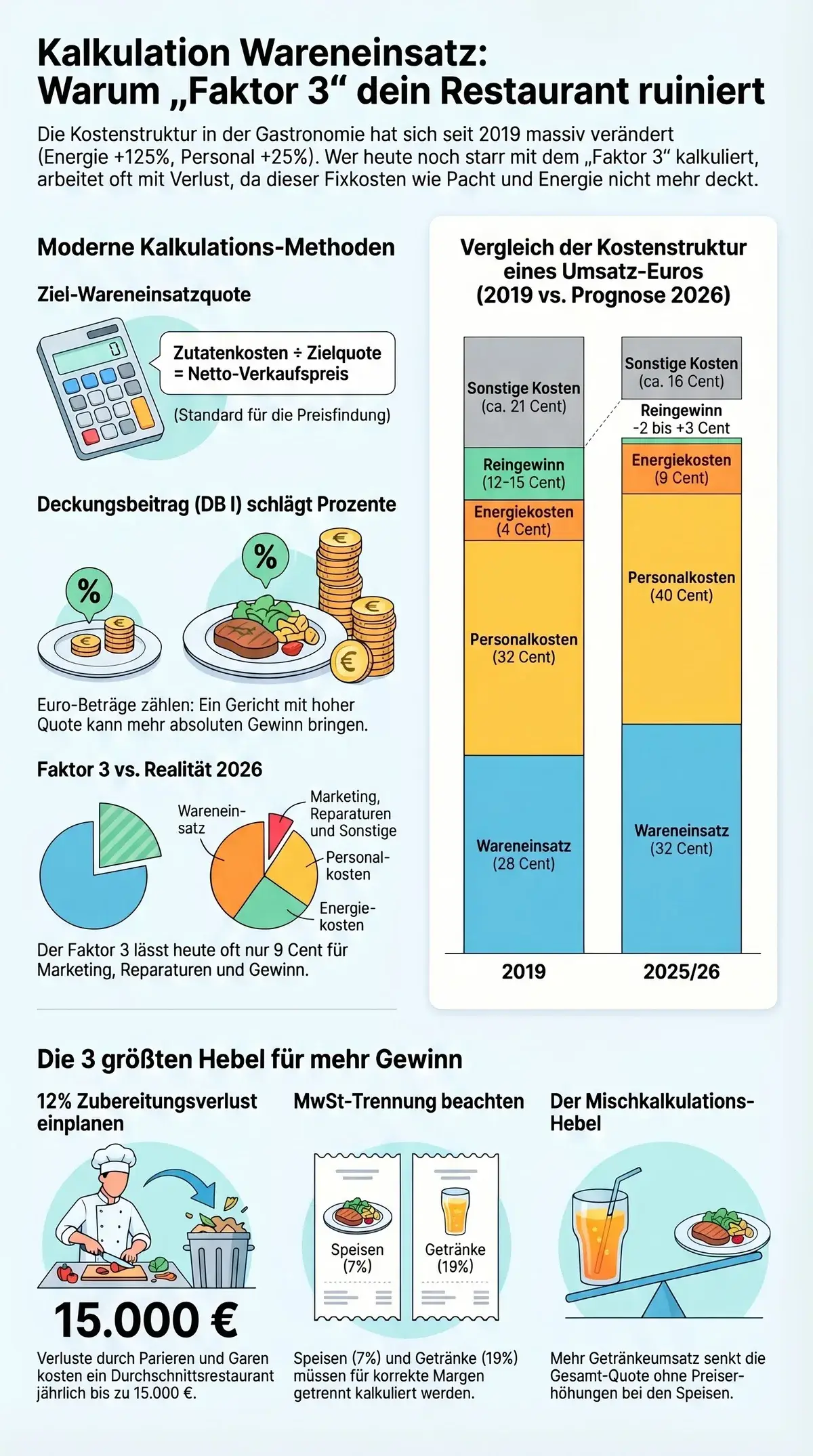 Kalkulation Wareneinsatz Infografik – Faktor 3 Kosten Gastronomie Überblick mit Kalkulationsmethoden