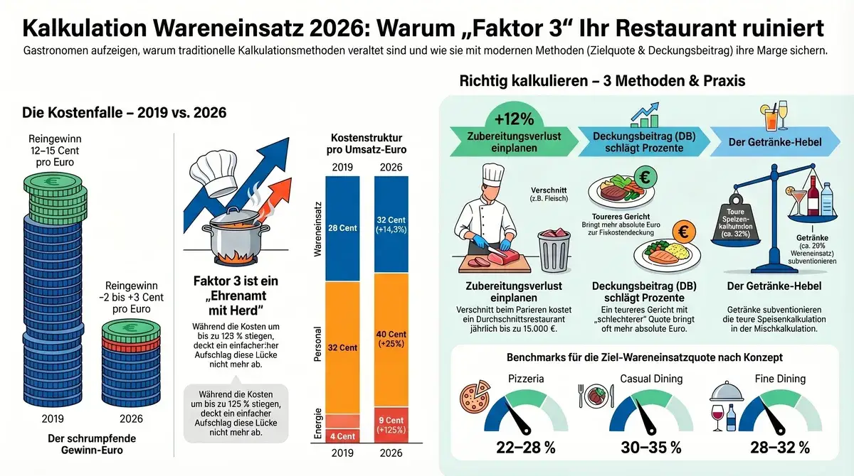 Kalkulation Wareneinsatz Methoden Infografik 2026 – Benchmarks nach Konzept für Gastronomen