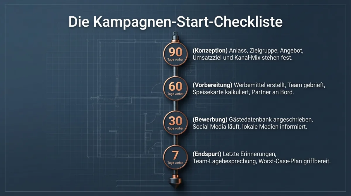 Kampagnen-Start-Checkliste Restaurant: 90, 60, 30 und 7 Tage vor dem Anlass – was wann erledigt sein muss