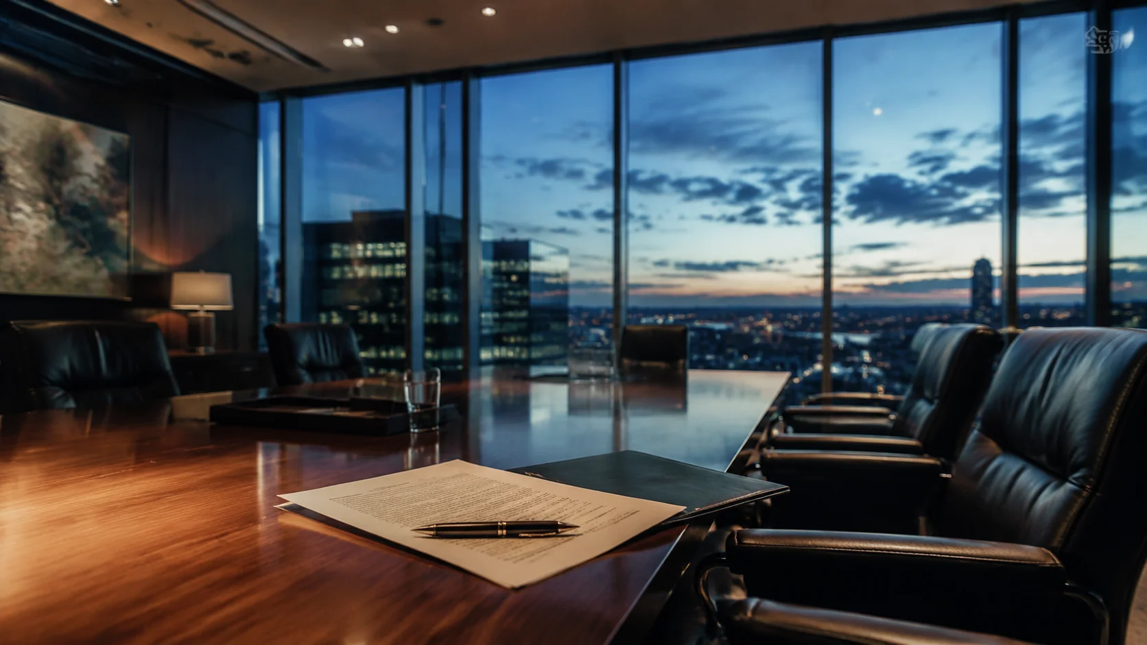 Boardroom-Szene zur Konzernübernahme – Vertragsunterlagen und Füller, leerer Konferenzraum bei Dämmerung